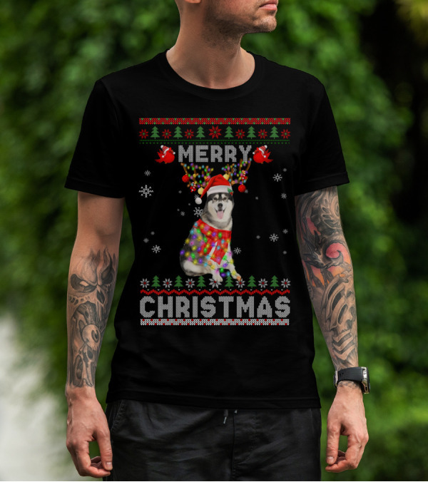 Merry Christmas Siberian Husky Reindeer Lights Snowflakes Festive T-Shirt
