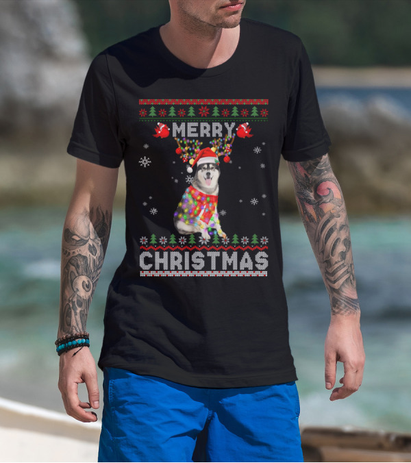 Merry Christmas Siberian Husky Reindeer Lights Snowflakes Festive T-Shirt