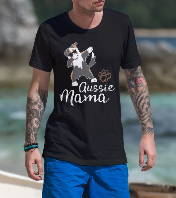Funny Dabbing Aussie Mama Australian Shepherd Dog With Paw Prints T-Shirt