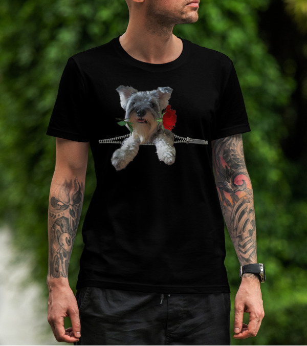 Funny Miniature Schnauzer With Rose And Zipper T-Shirt