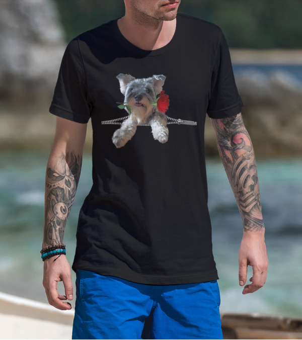 Funny Miniature Schnauzer With Rose And Zipper T-Shirt