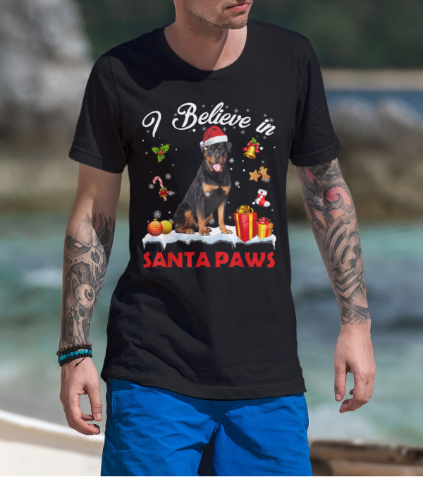 I Believe In Santa Paws Funny Santa Rottweiler Claus Dog T-Shirt