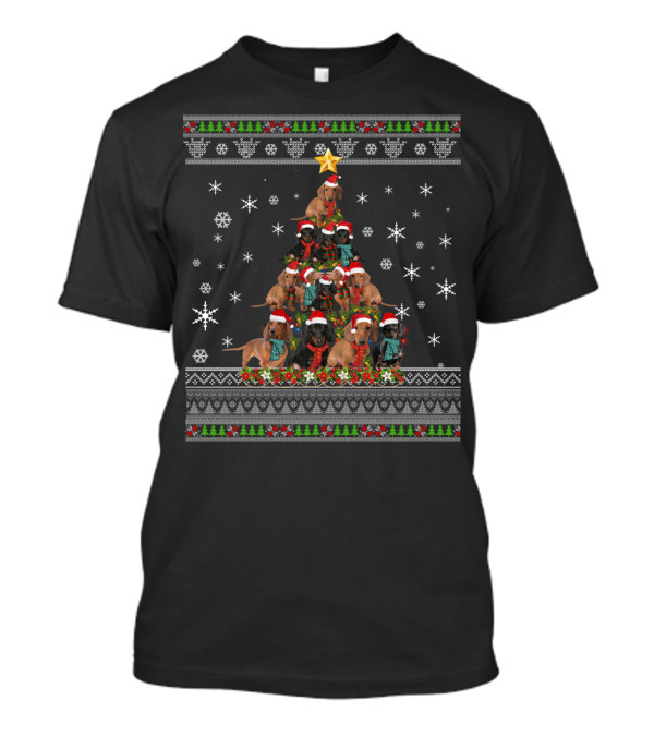 Funny Ugly Christmas Dachshund Dog Santa Hat Tree T-Shirt