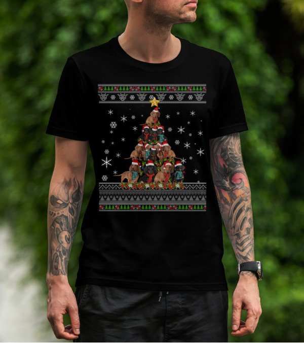 Funny Ugly Christmas Dachshund Dog Santa Hat Tree T-Shirt