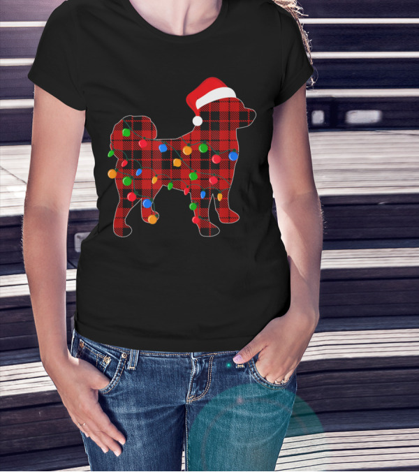 Shiba Inu Red Plaid Christmas Lights Dog With Santa Hat T-Shirt