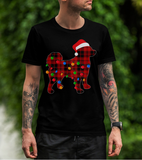 Shiba Inu Red Plaid Christmas Lights Dog With Santa Hat T-Shirt
