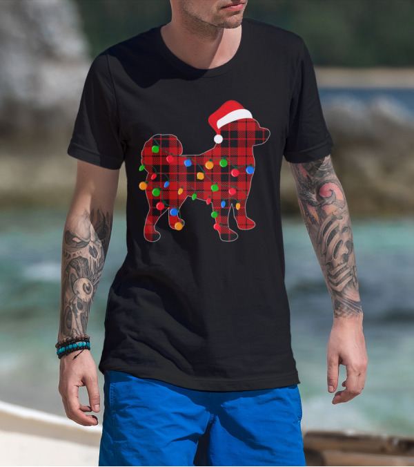Shiba Inu Red Plaid Christmas Lights Dog With Santa Hat T-Shirt