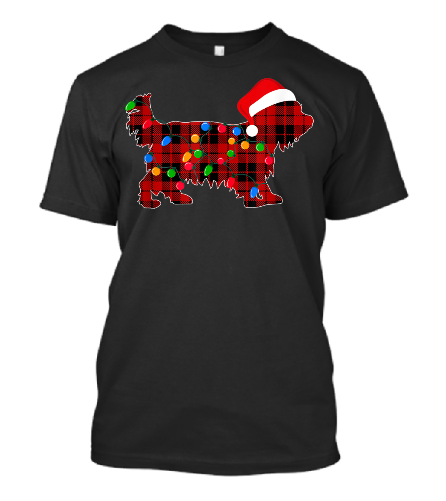 Yorkshire Terrier Red Plaid Dog Santa Hat Christmas Lights T-Shirt