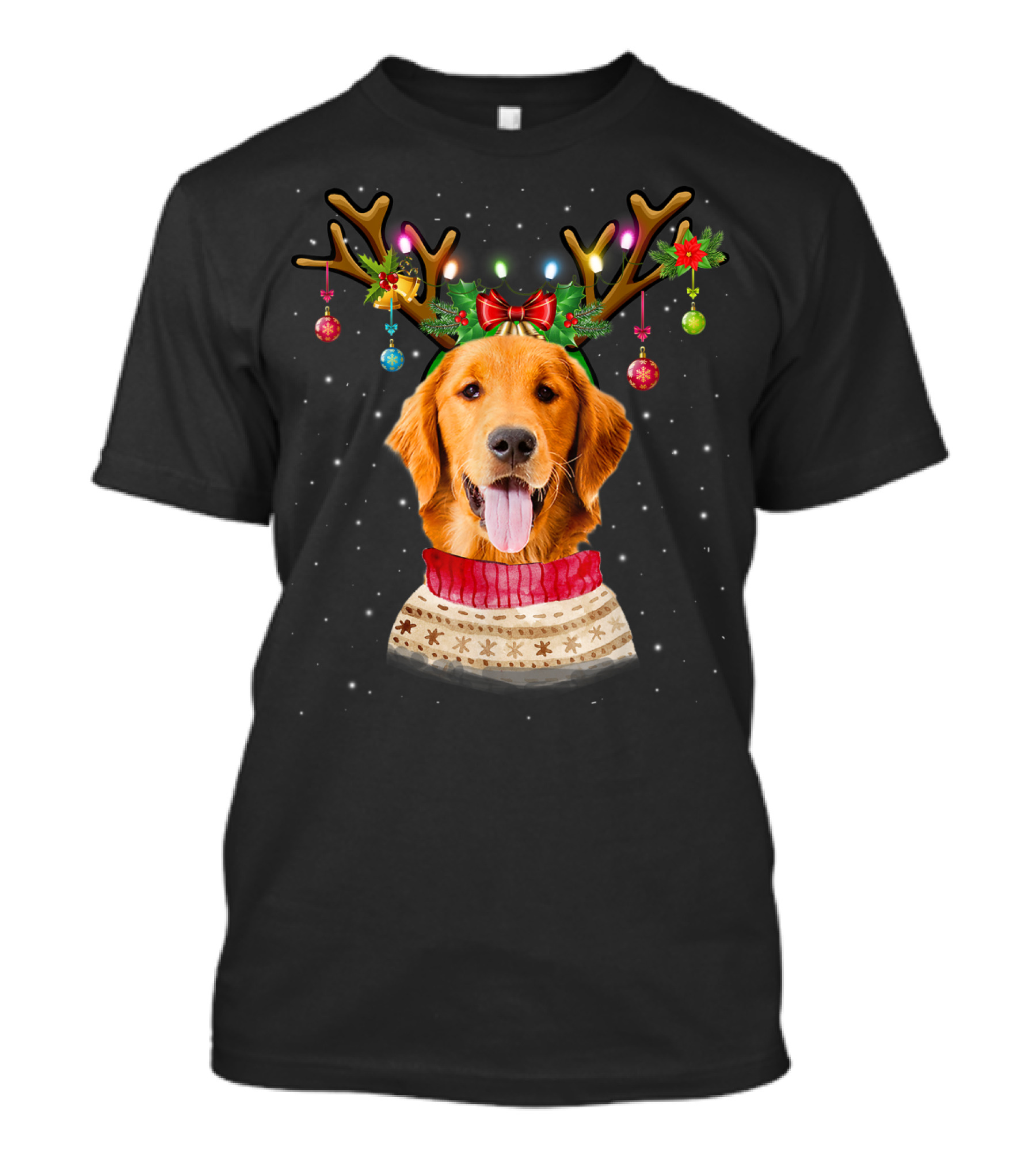 Golden Retriever Reindeer Antlers Christmas Sweater Lights T-Shirt