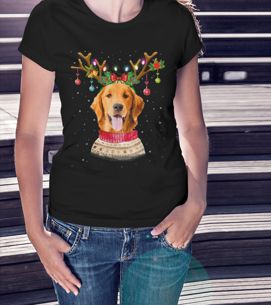 Golden Retriever Reindeer Antlers Christmas Sweater Lights T-Shirt