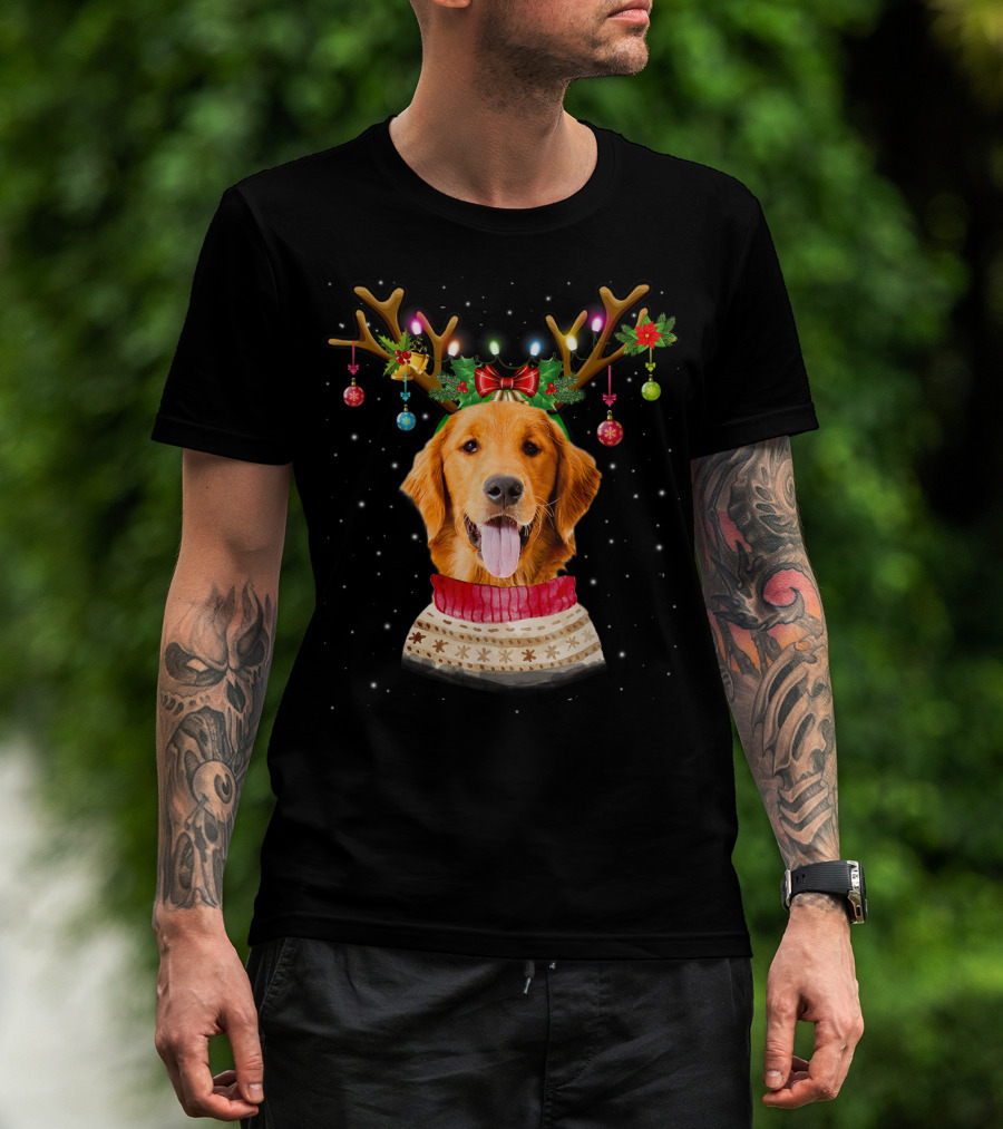 Golden Retriever Reindeer Antlers Christmas Sweater Lights T-Shirt