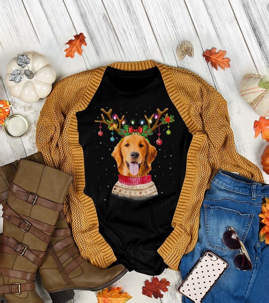 Golden Retriever Reindeer Antlers Christmas Sweater Lights T-Shirt