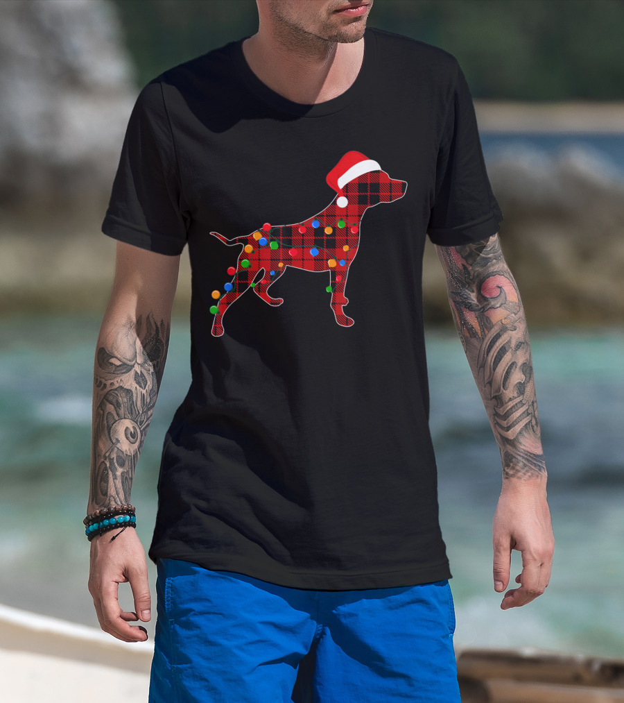 Pitbull Red Plaid Christmas Lights Santa Hat T-Shirt