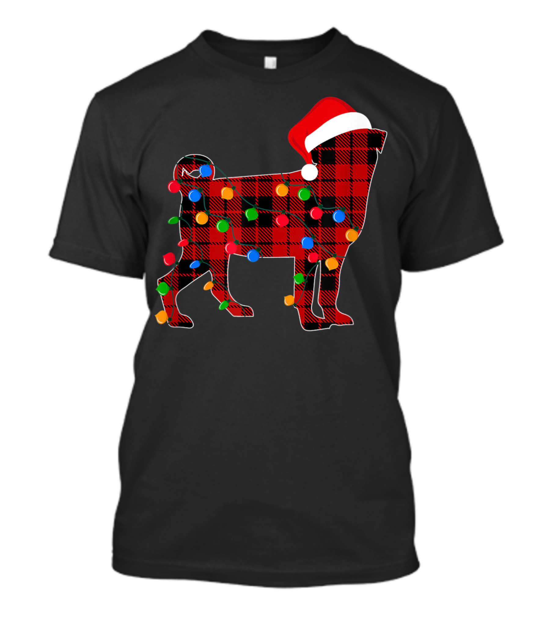 Pug Christmas Santa Hat Red Plaid Dog Wrapped In Colorful Lights T-Shirt