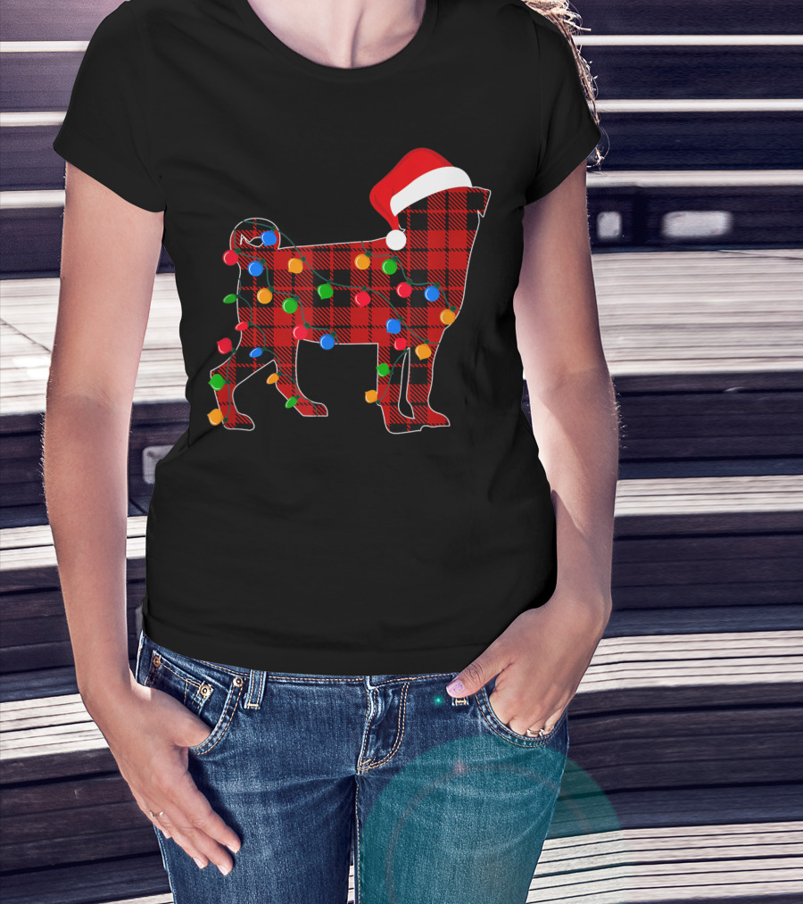 Pug Christmas Santa Hat Red Plaid Dog Wrapped In Colorful Lights T-Shirt