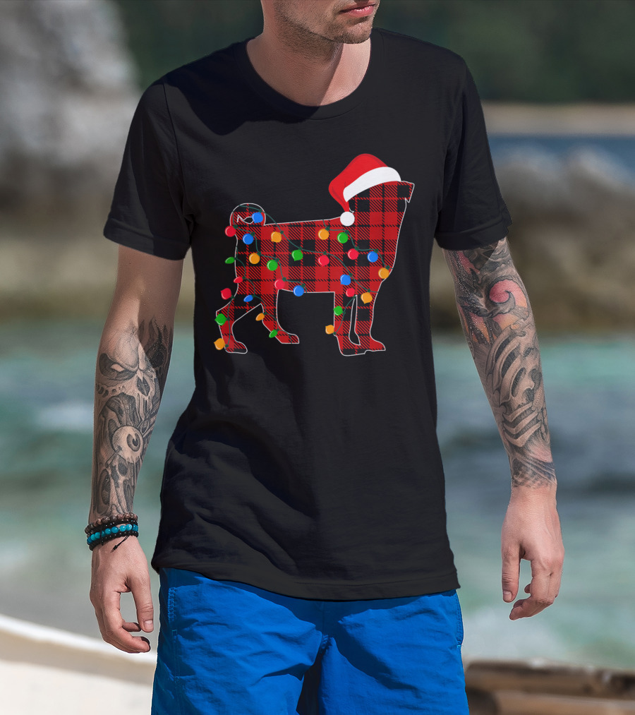 Pug Christmas Santa Hat Red Plaid Dog Wrapped In Colorful Lights T-Shirt