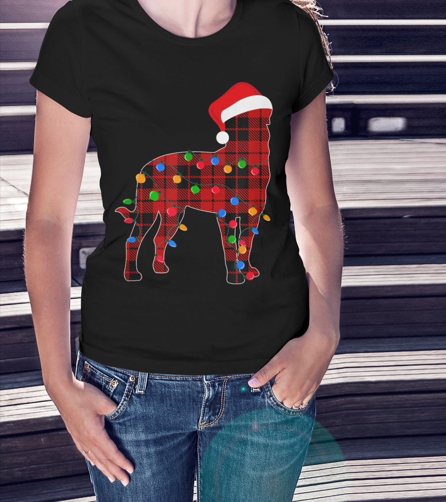 Rottweiler Red Plaid Santa Hat Christmas Lights T-Shirt