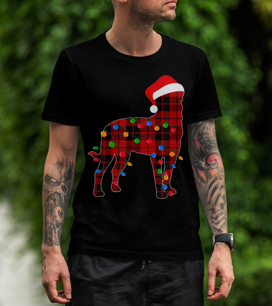 Rottweiler Red Plaid Santa Hat Christmas Lights T-Shirt