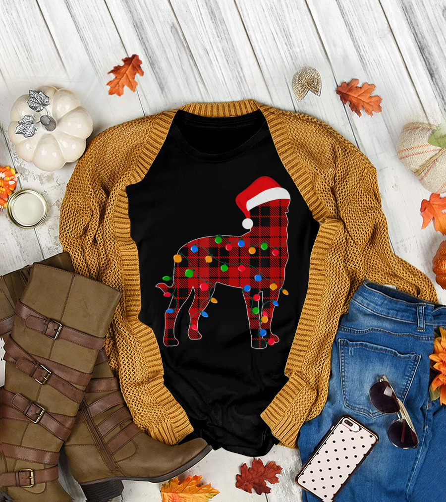 Rottweiler Red Plaid Santa Hat Christmas Lights T-Shirt