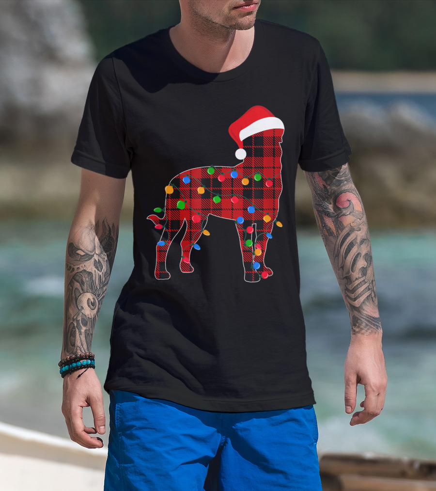 Rottweiler Red Plaid Santa Hat Christmas Lights T-Shirt
