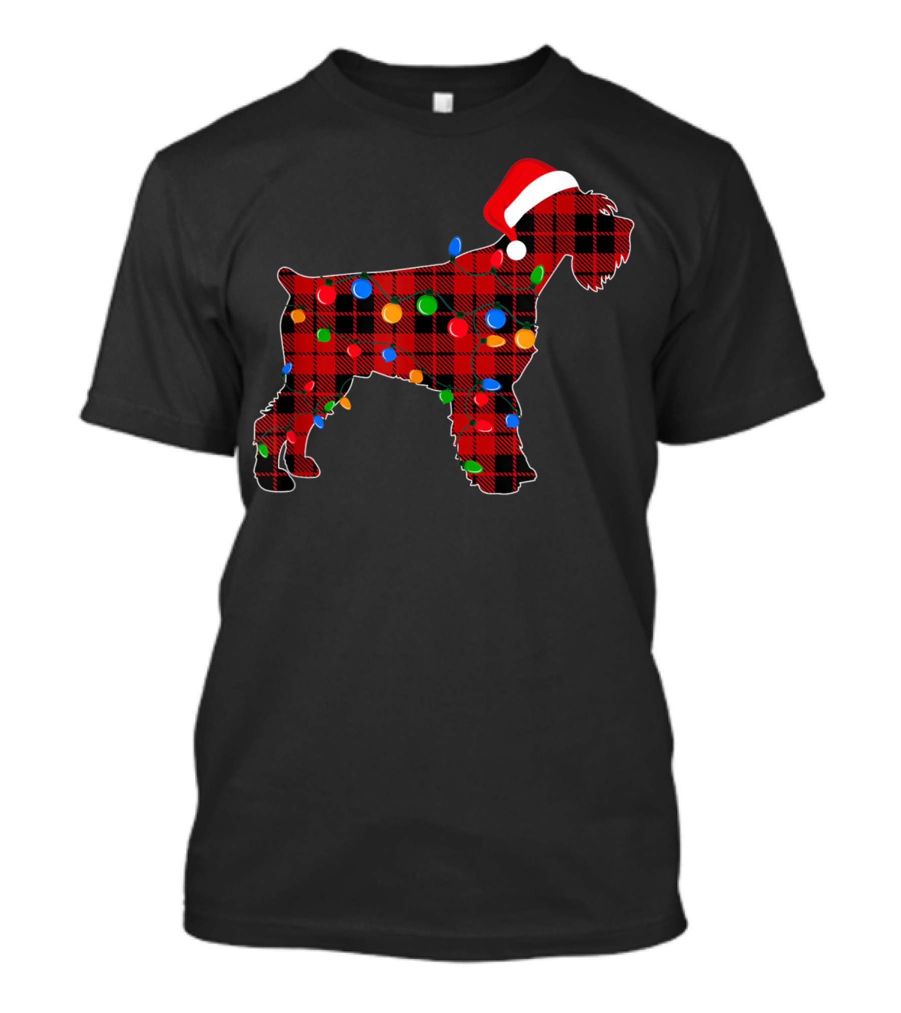 Schnauzer Red Plaid Dog With Christmas Lights And Santa Hat T-Shirt