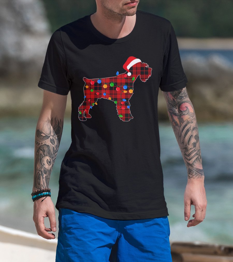 Schnauzer Red Plaid Dog With Christmas Lights And Santa Hat T-Shirt