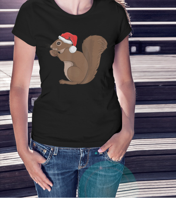 Squirrel With Santa Hat Merry Christmas Tree T-Shirt