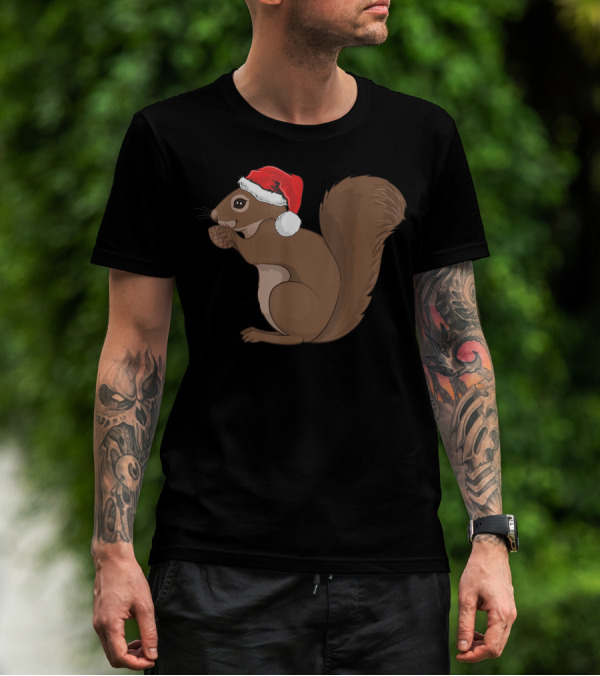Squirrel With Santa Hat Merry Christmas Tree T-Shirt