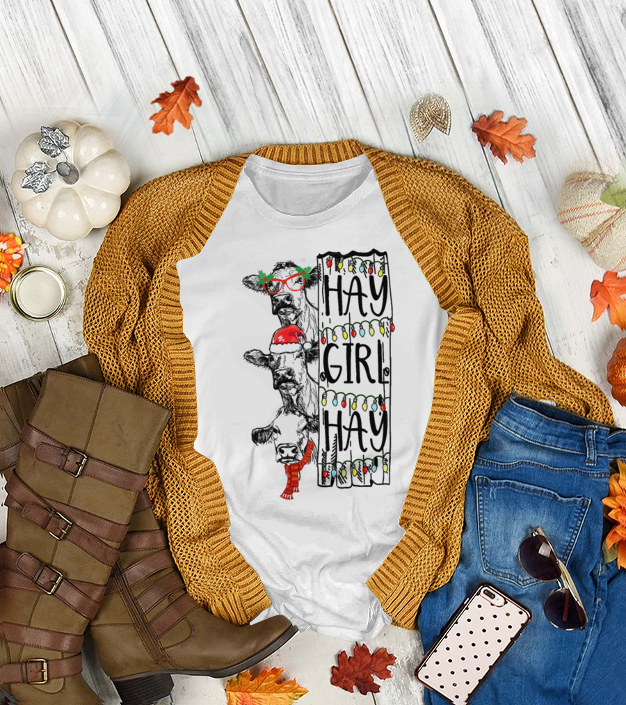 Hay Girl Hay Christmas Cow with Santa Hat and Lights T-Shirt