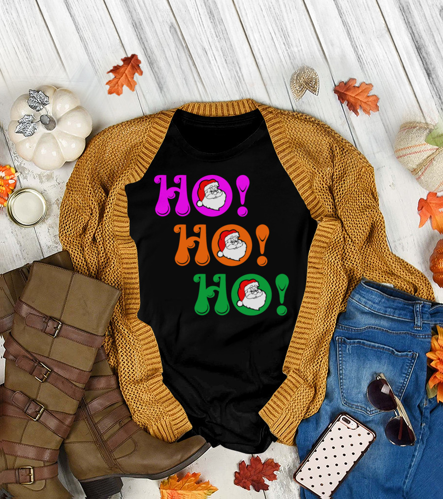 HO HO HO Santa Faces in Pink Orange and Green Bubble Letters T-Shirt