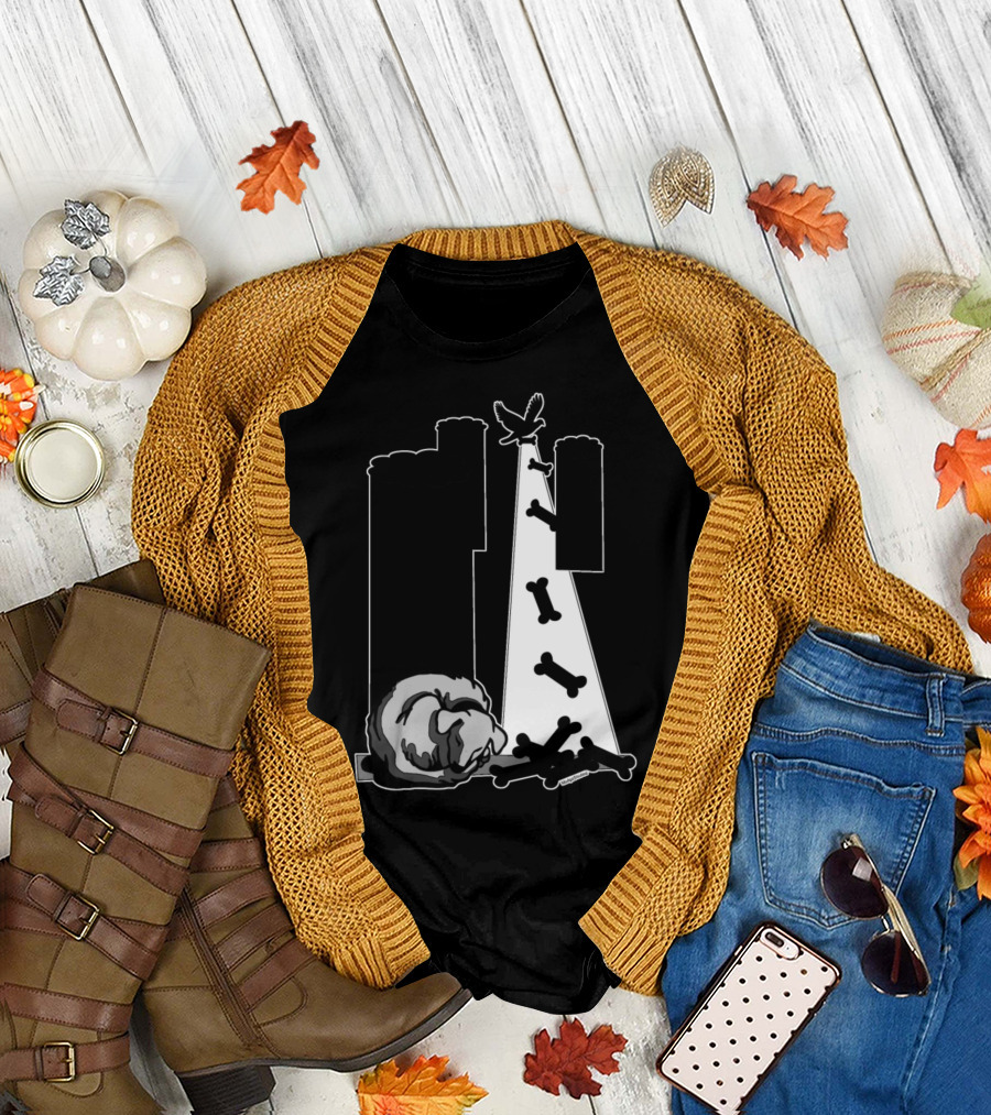 Sleeping Dogs Lie Bones and Bird Urban Scene T-Shirt