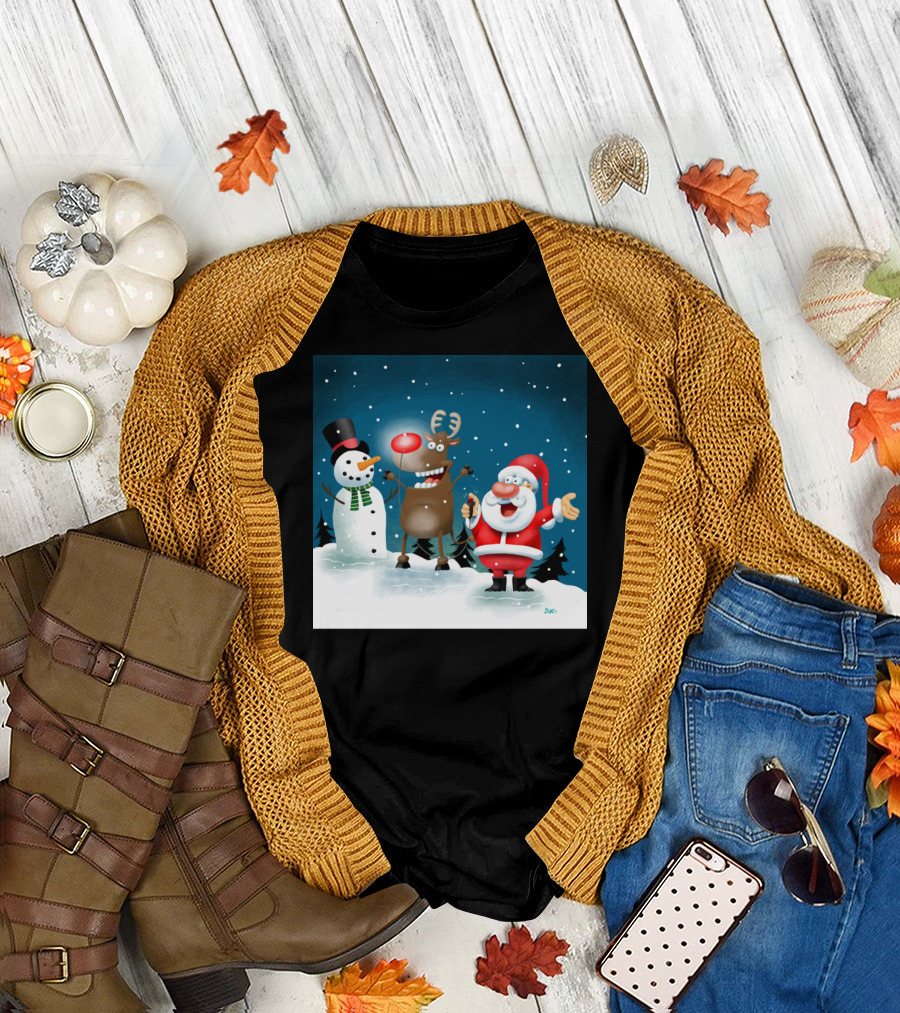 Santa and Friends with Rudolph's Glowing Nose Snow Scene T-Shirt