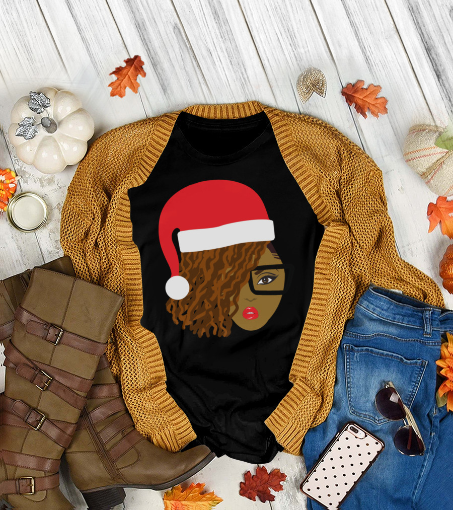 Locs Natural Hair with Santa Hat and Glasses T-Shirt