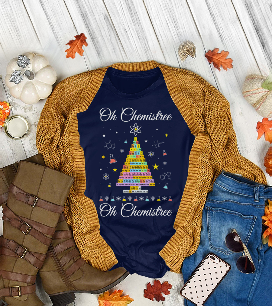 Oh Chemistree Periodic Table Christmas Tree Molecules and Beakers T-Shirt