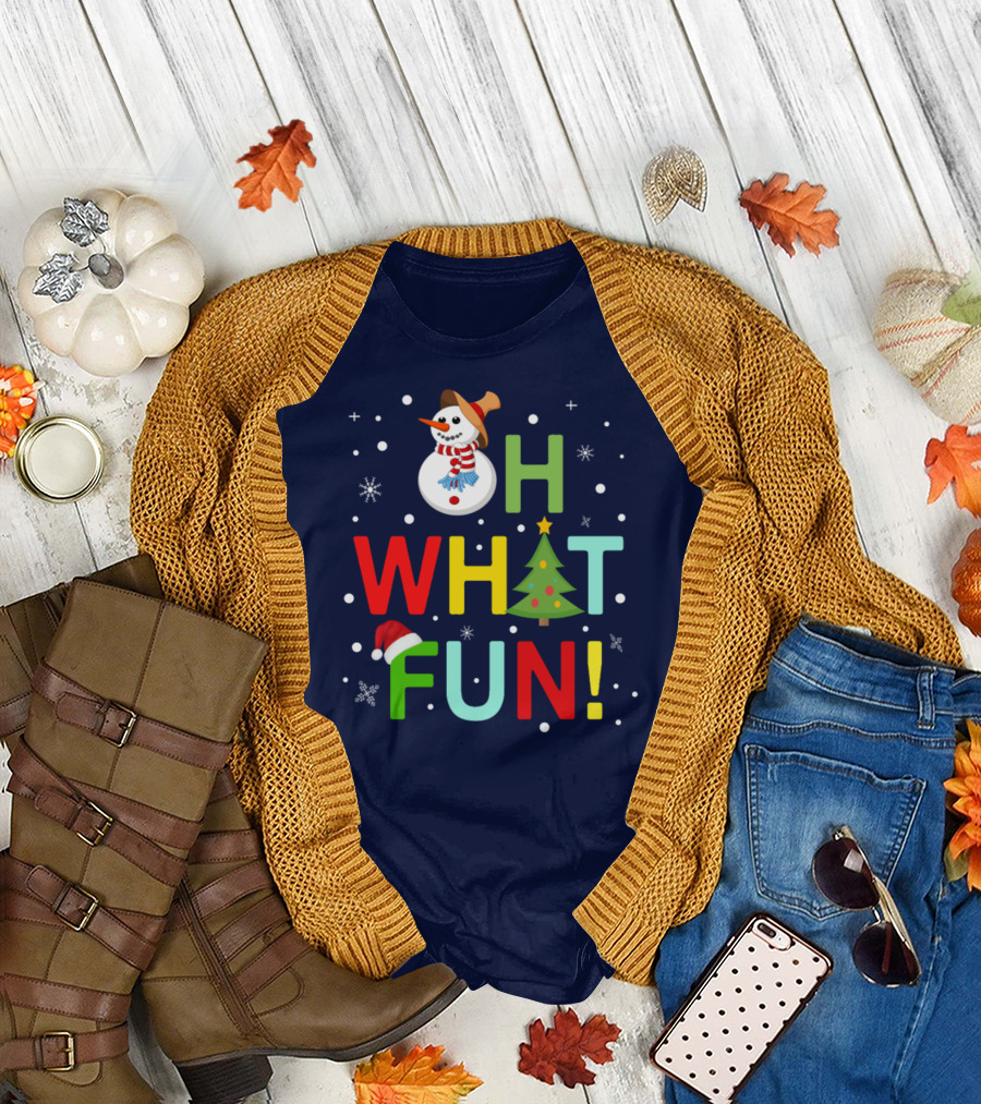 Oh What Fun Christmas With Snowman, Tree, and Festive Holiday Snowflakes T-Shirt