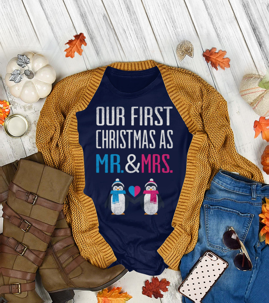 Our First Christmas As Mr and Mrs with Penguins Holding Heart Image T-Shirt