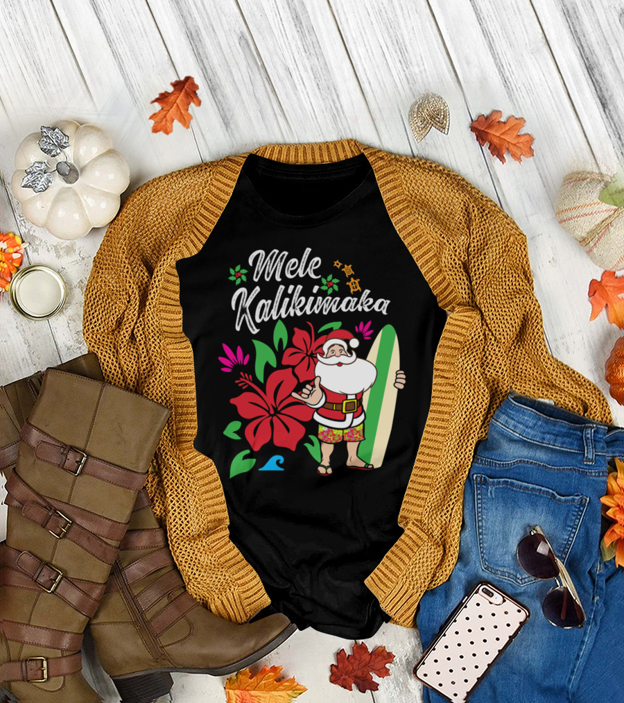 Mele Kalikimaka Hawaiian Santa Surfing with Tropical Flowers T-Shirt