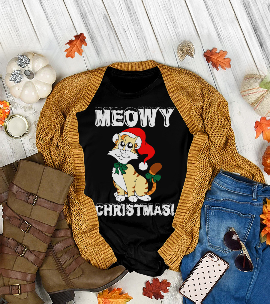 Meowy Christmas Santa Hat Cat T-Shirt