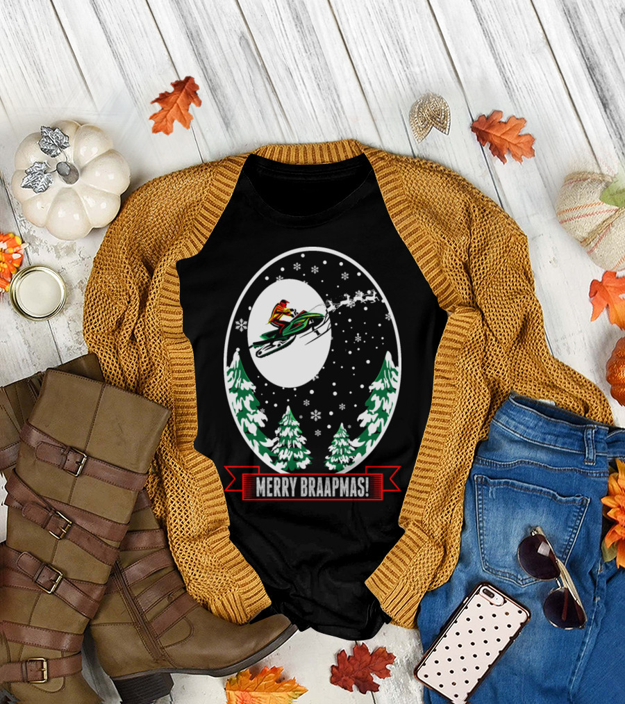 Merry Braapmas Christmas Santa Snowmobile Snowy Night Scene T-Shirt