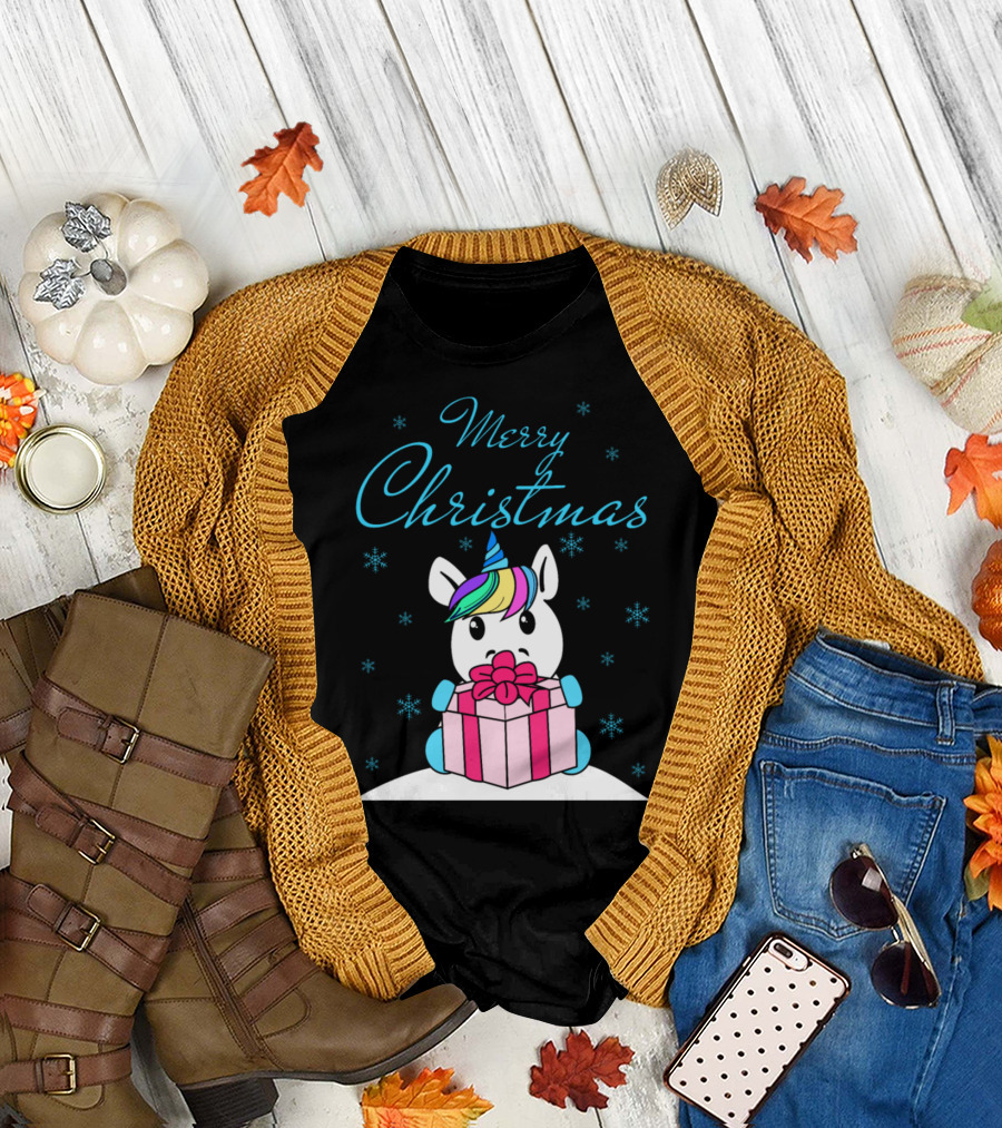 Merry Christmas Unicorn with Rainbow Mane and Gift T-Shirt