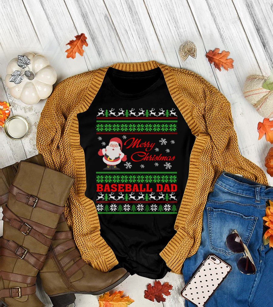 Merry Christmas Baseball Dad Ugly Sweater Style Santa Reindeer Snowflakes T-Shirt