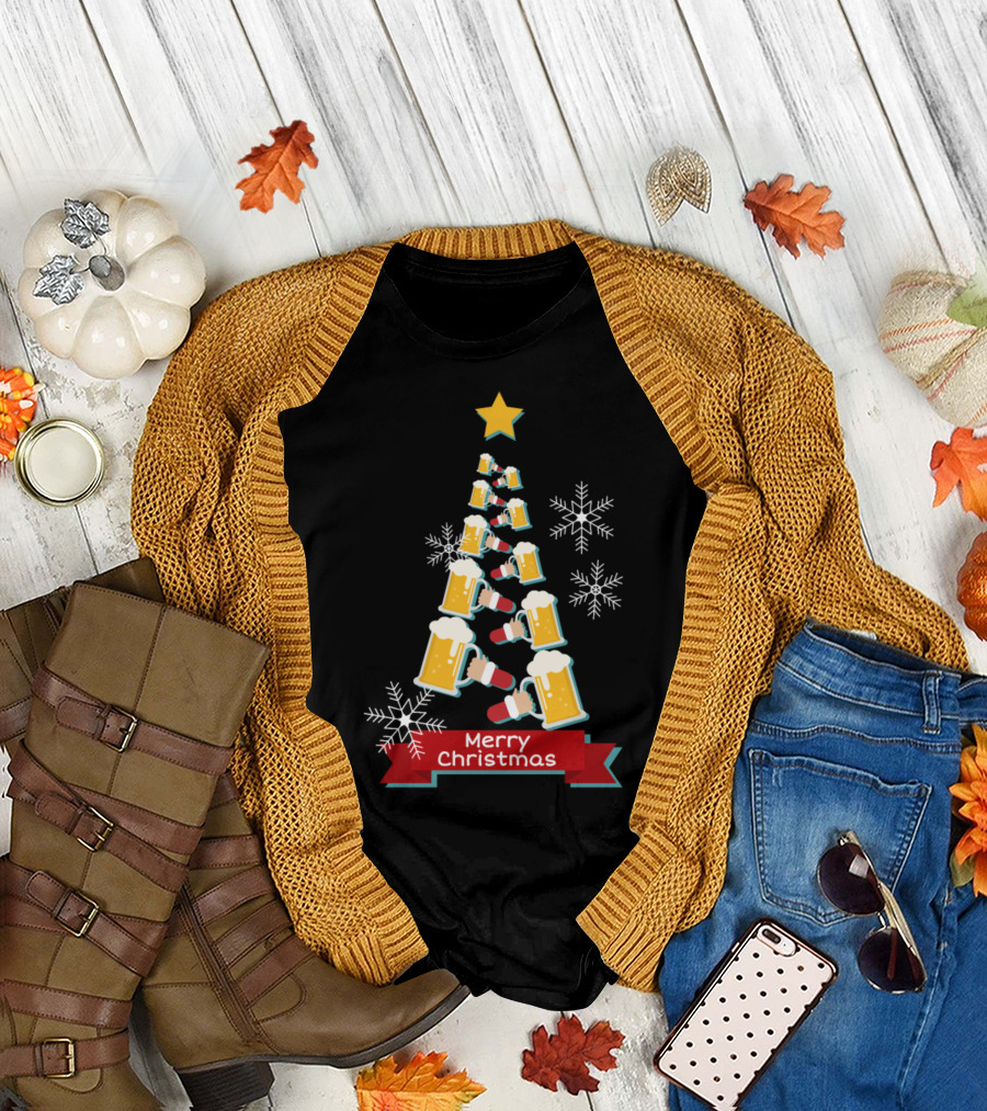 Merry Christmas Beer Tree with Snowflakes and Star T-Shirt