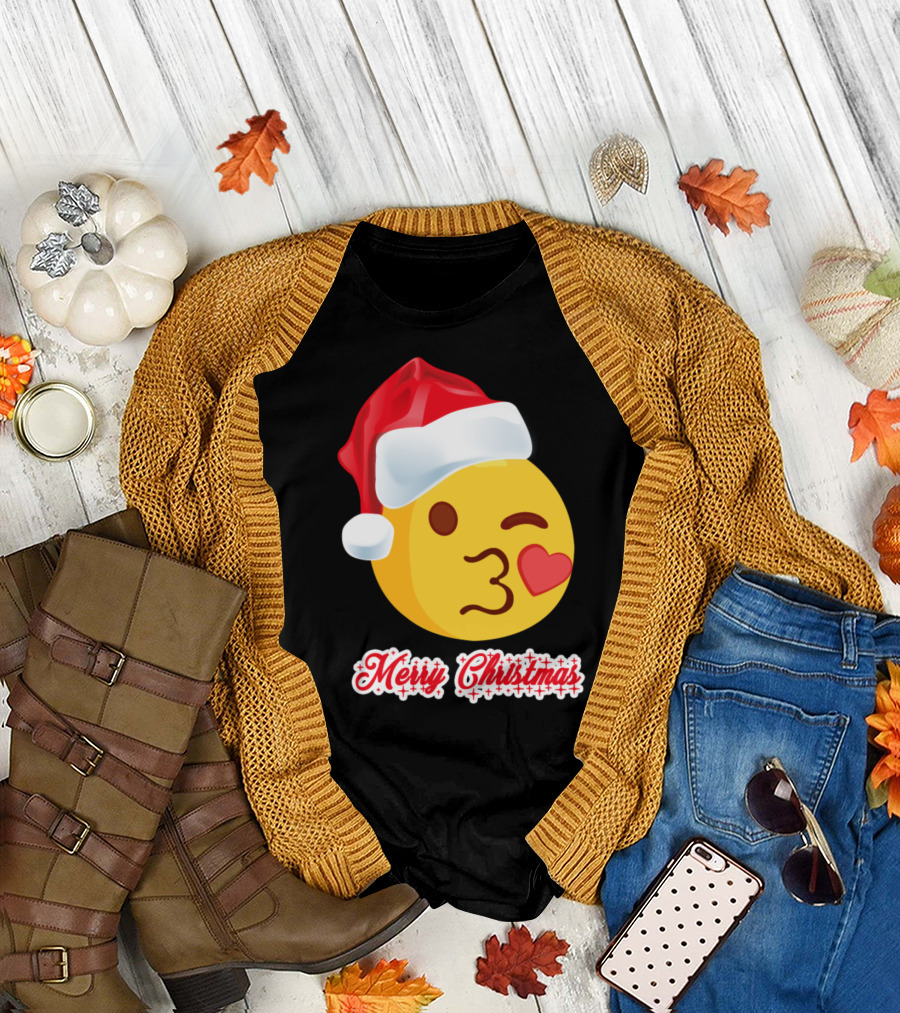 Merry Christmas Winking Kissing Emoji with Santa Hat T-Shirt