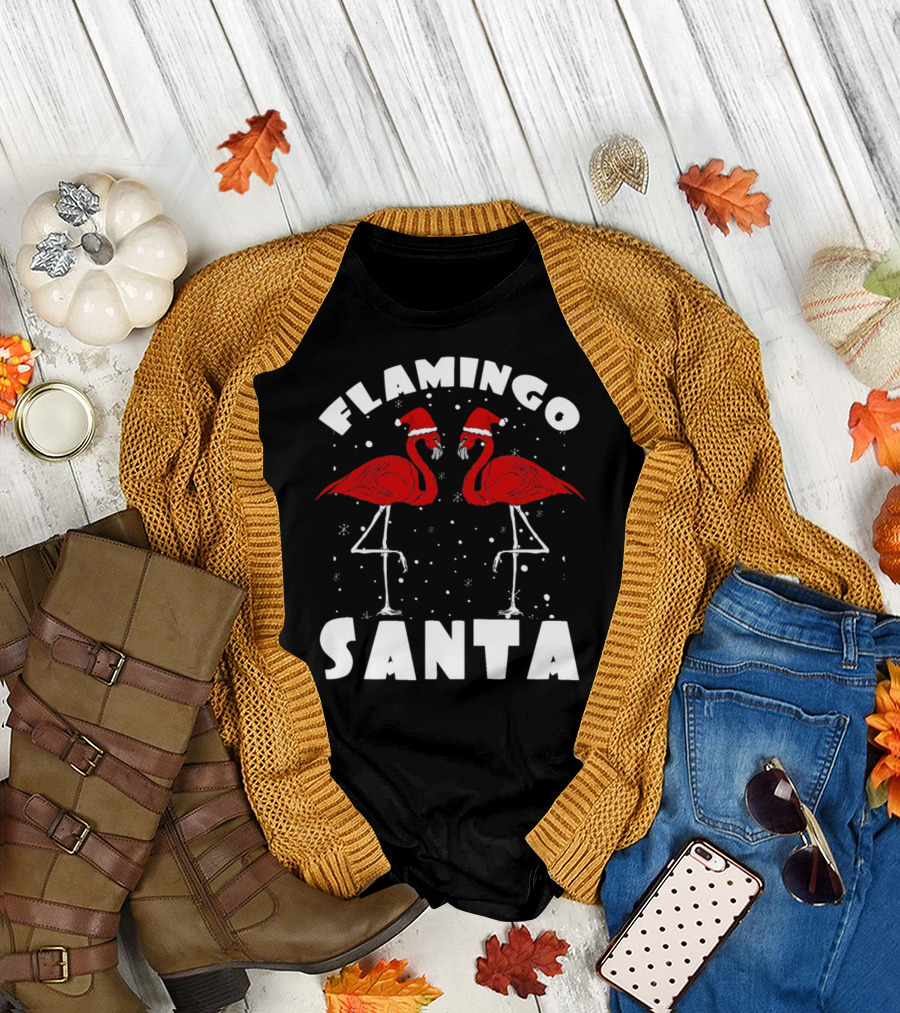 Flamingo Santa Christmas Snow Holiday Scene T-Shirt