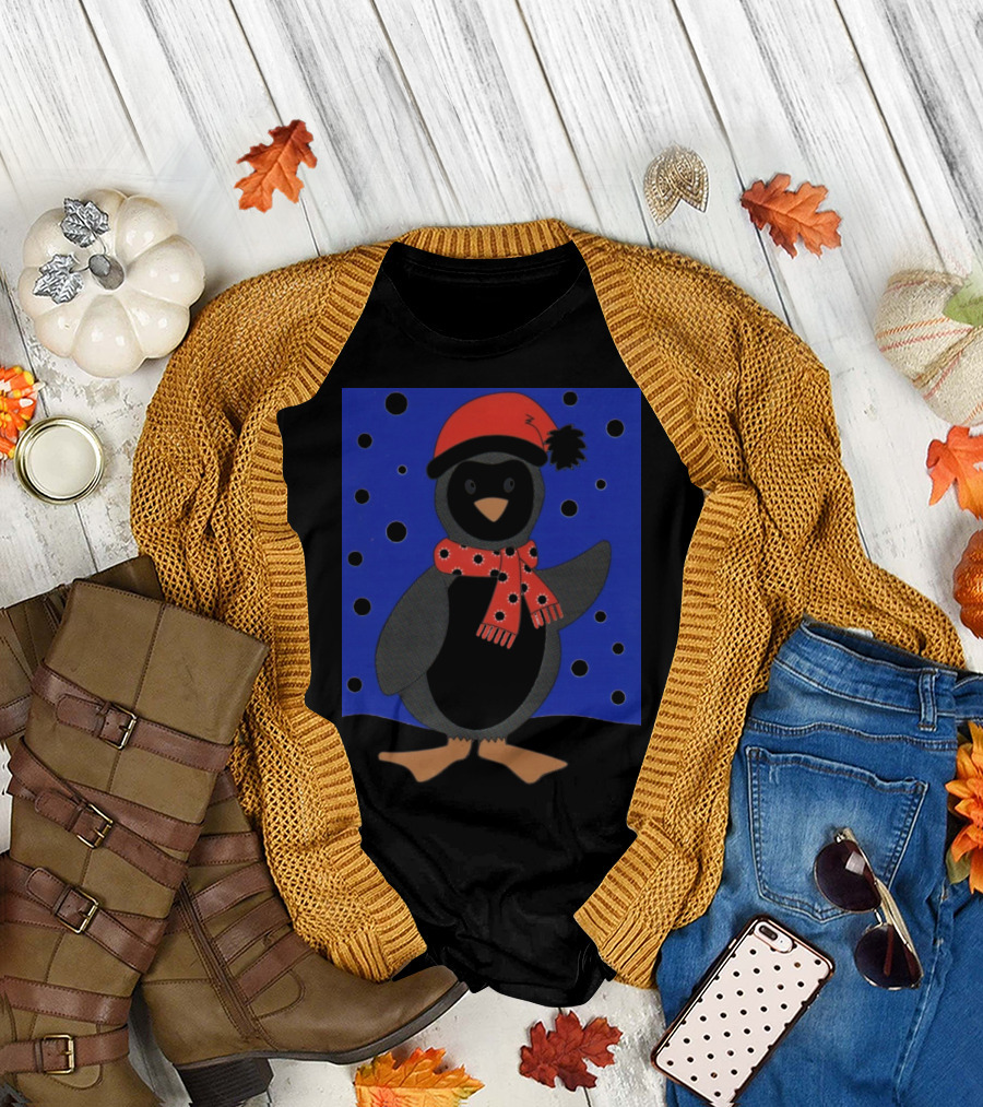 Merry Christmas Penguin with Red Santa Hat and Scarf in Starry Night Scene T-Shirt