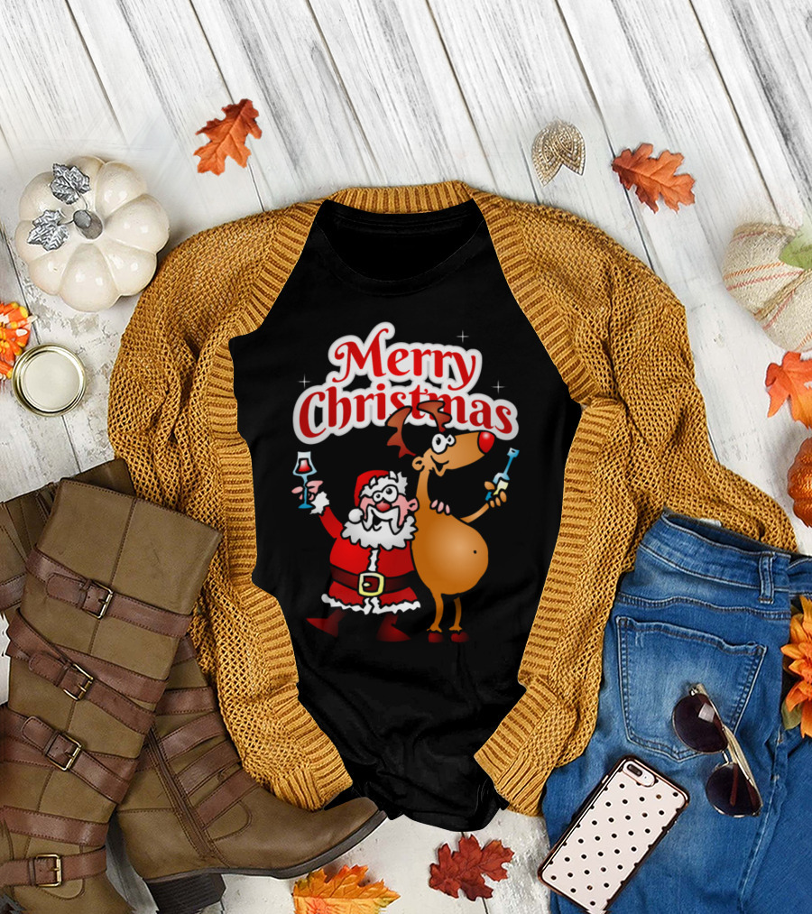 Merry Christmas Santa Claus With Reindeer Holding Wine T-Shirt