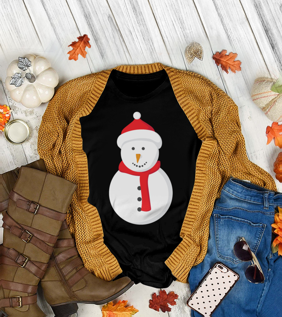 Merry Christmas Snowman with Red Hat and Scarf T-Shirt