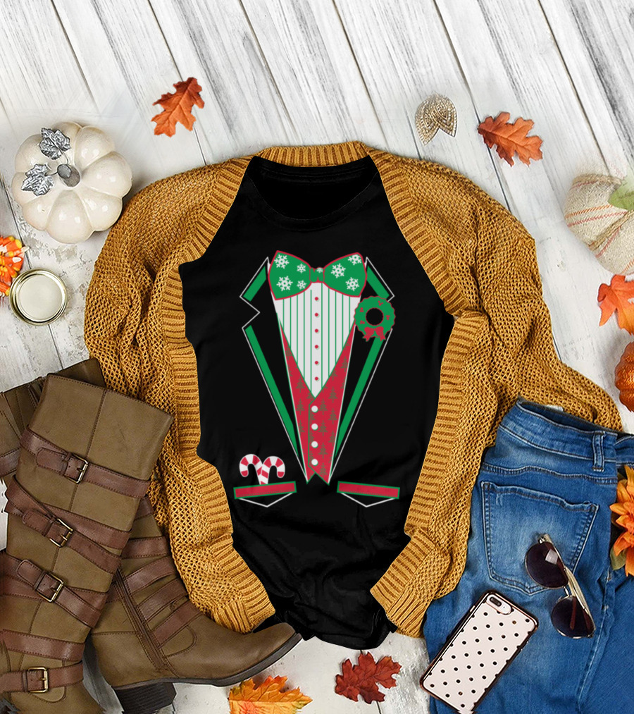 Merry Christmas Tuxedo Red Festive Bowtie Snowflakes Wreath Candy Canes T-Shirt