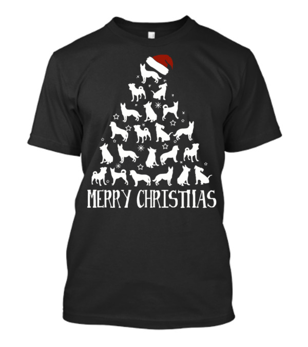 Merry Christimas Dog Silhouette Christmas Tree With Santa Hat And Stars T-Shirt