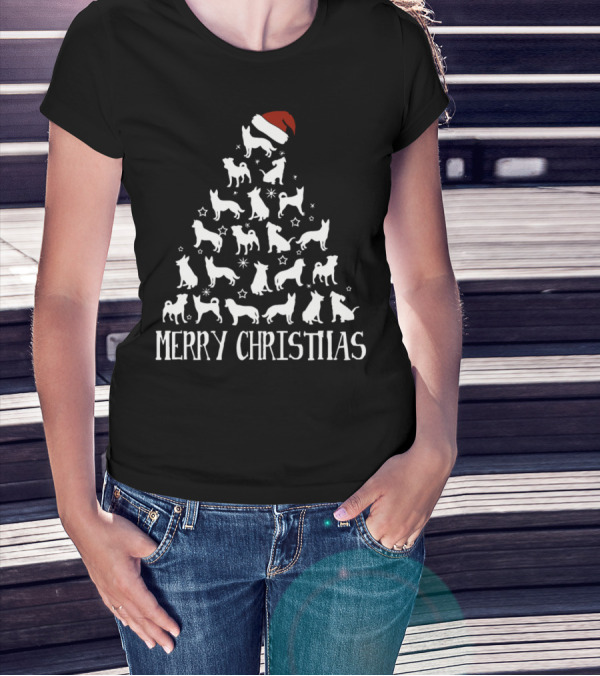 Merry Christimas Dog Silhouette Christmas Tree With Santa Hat And Stars T-Shirt